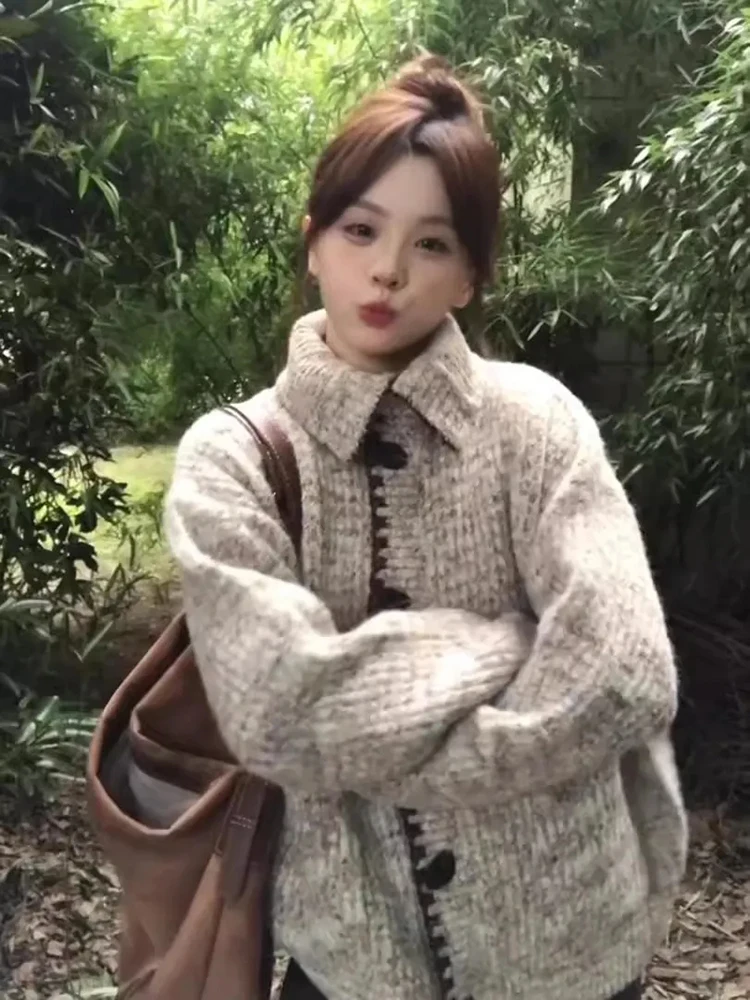 Cardigan lavorato a maglia vintage coreano da donna maglione allentato pigro con bottoni a vento streetwear retrò Harajuku top casual a maniche lunghe autunno inverno