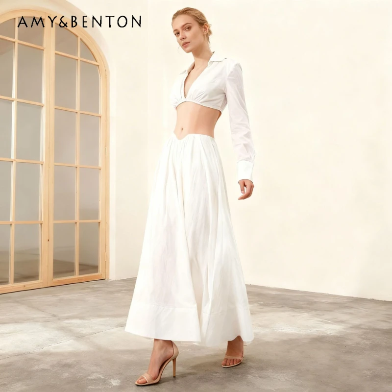 

Fashion Sexy Women's Skirt Set 2026 New Design Deep V-neck Short Top Pleated Waist-cinching Long Skirts Two-piece Sets Ladies