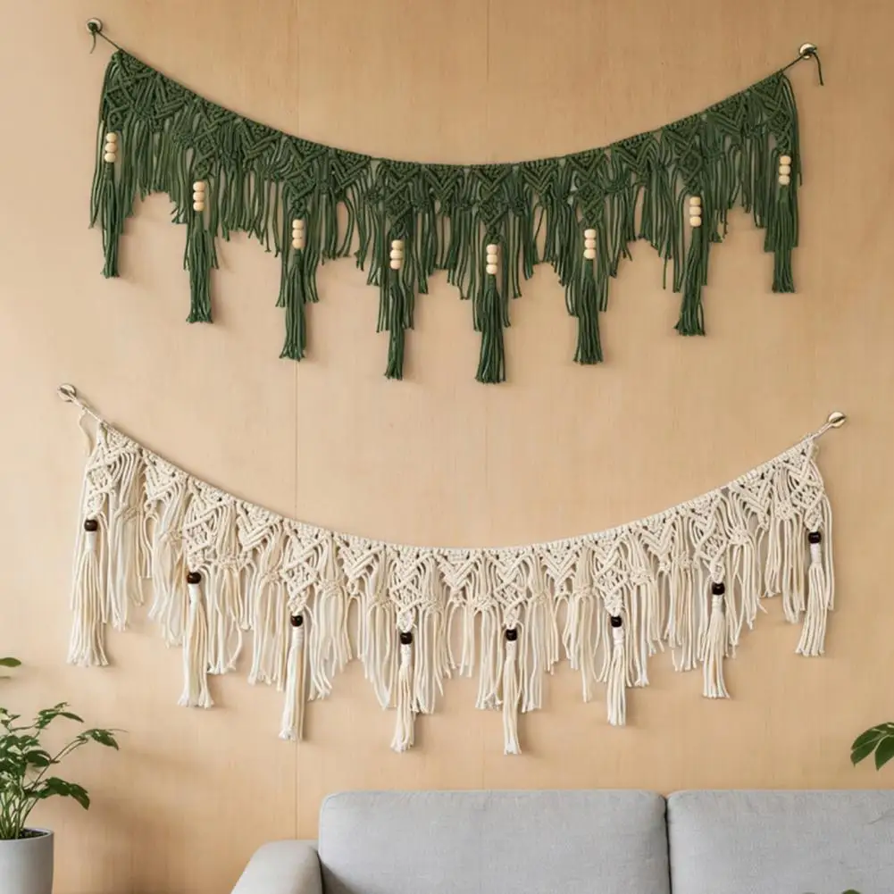 Boho Garland Wall Hanging with Wooden Beads Hand Woven Cotton Tassel Banner Nordic Window Wall Tapestry Bohemian Home Decor