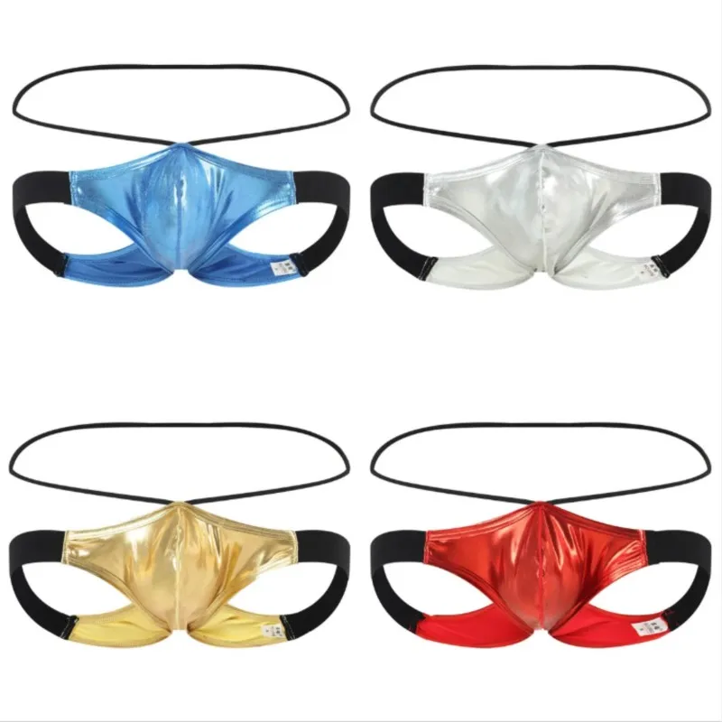 Patent Leather Low Waist Men's Sexy G-String U Convex Pouch Thong Underwear Bikini Glossy Comfortable Soft LGBT T-Back