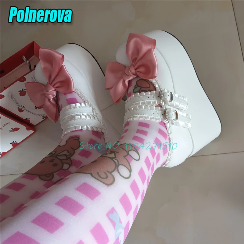 Sweet Bowknot Lace Strap Buckle Pumps Round Toe Wedge Chunky Platform 10CM High Heels Handmade Custom-Made Women Mary Jane Shoes