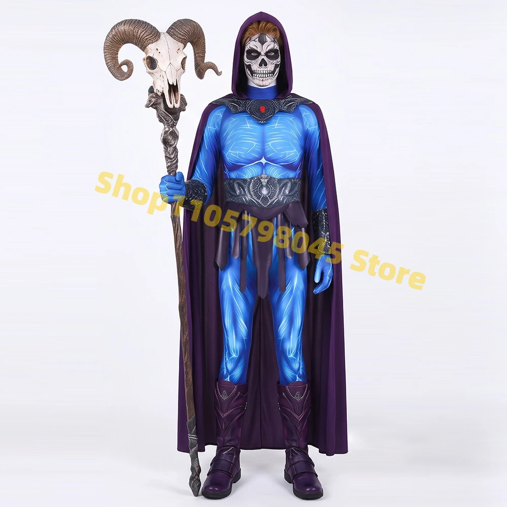 New Skeletor King Cosplay Costume Jumpsuit With Hood Cape Waist Ornament Set Men's Master Halloween Party Cosplay Suit