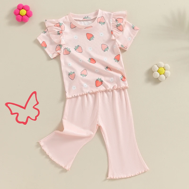 Toddler Girl Flare Pants Set Daisy Print Floral Shirt Ruffle Short Sleeve Tops Ribbed Bell Bottoms Strawberry Outfit