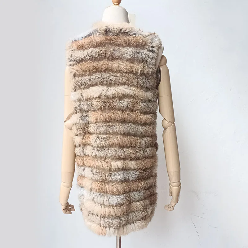 2024 High Quality Real Rabbit Fur Knitted Vest Fashion Stripe Women Genuine Fur Gilet Sleeveless Casual V-neck Natural Fur Vests