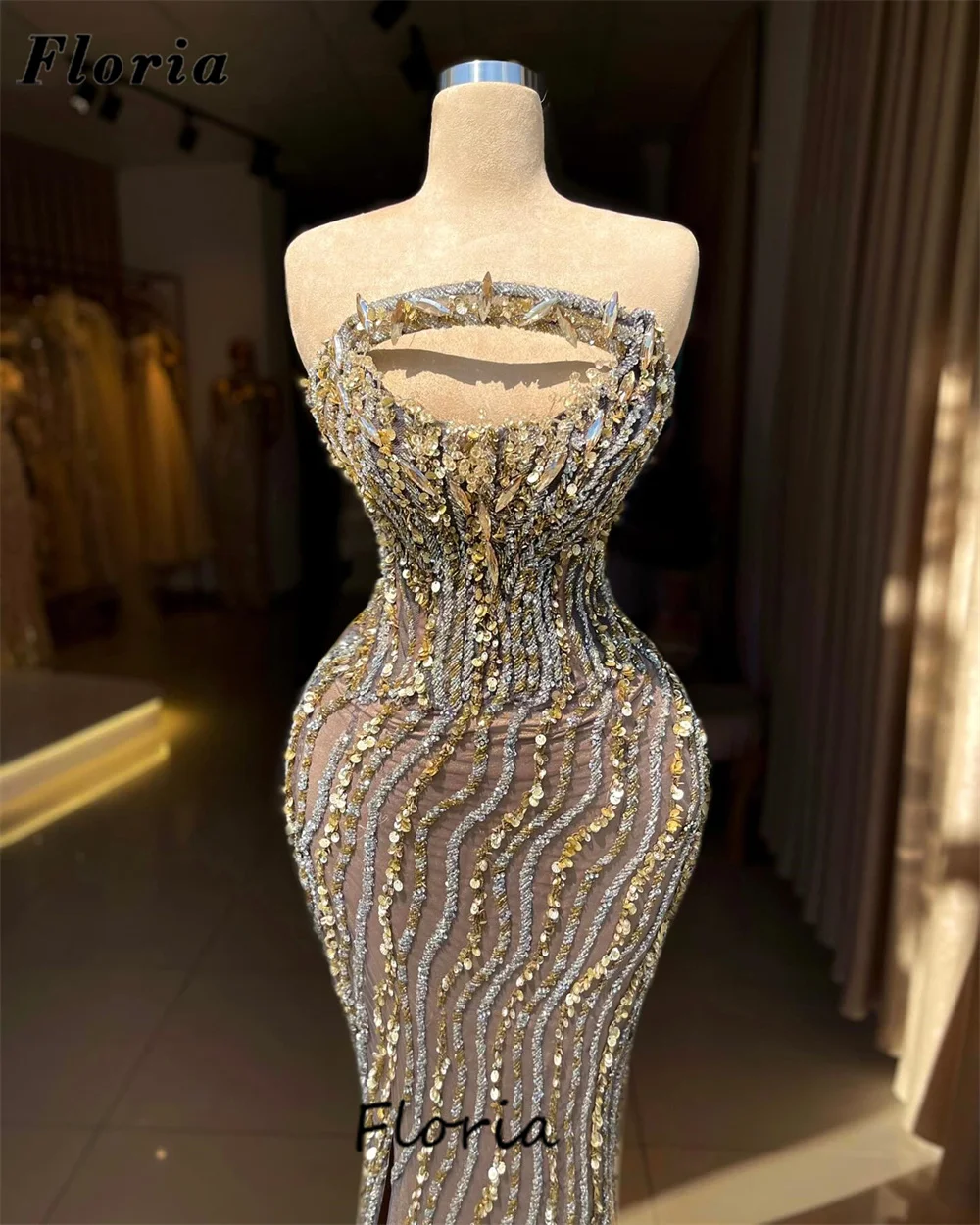 Elegant Strapless Evening Dresses Beading Crystals Mermaid Long Party Dress For Weddings Robes De Soiree Dubai Cocktail Gowns