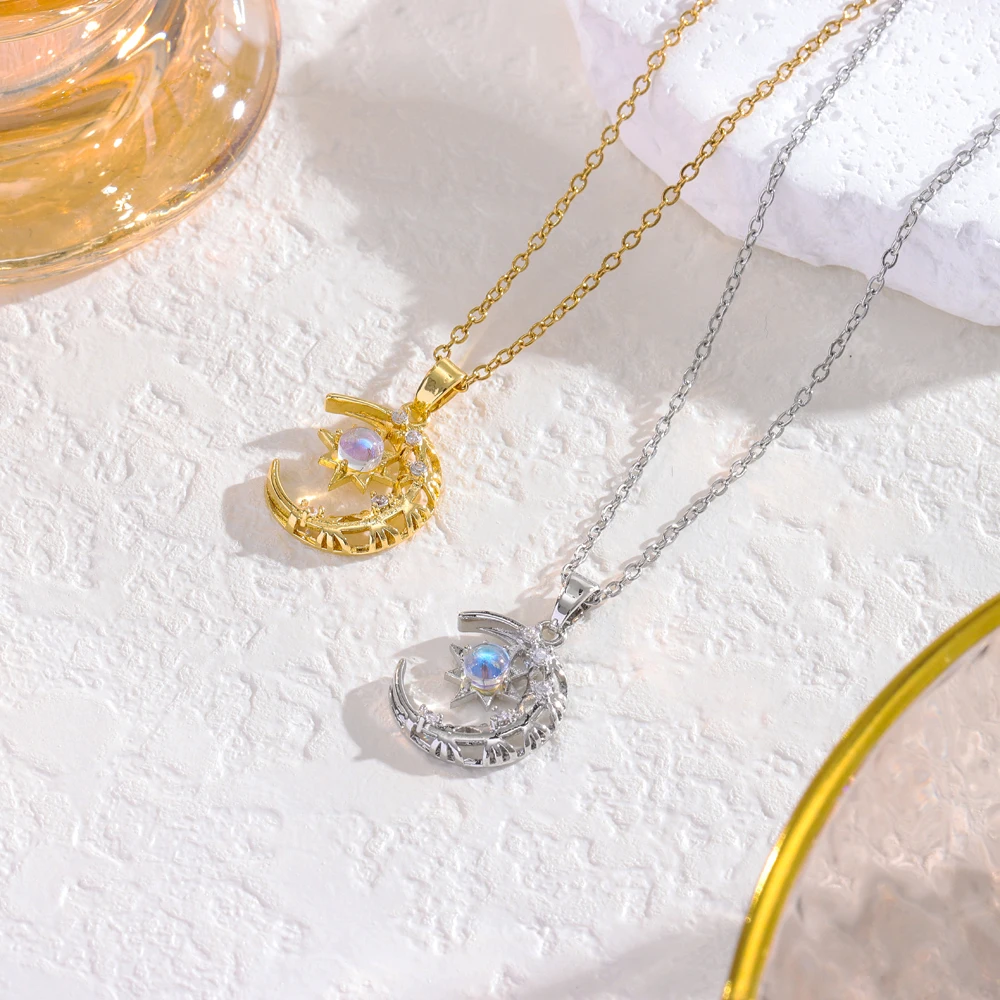 Licht Luxus 18K Gold Überzogene Aurora Mond Anhänger Halsketten Für Frauen Weibliche Täglichen Verschleiß Edelstahl Schlüsselbein Kette Schmuck