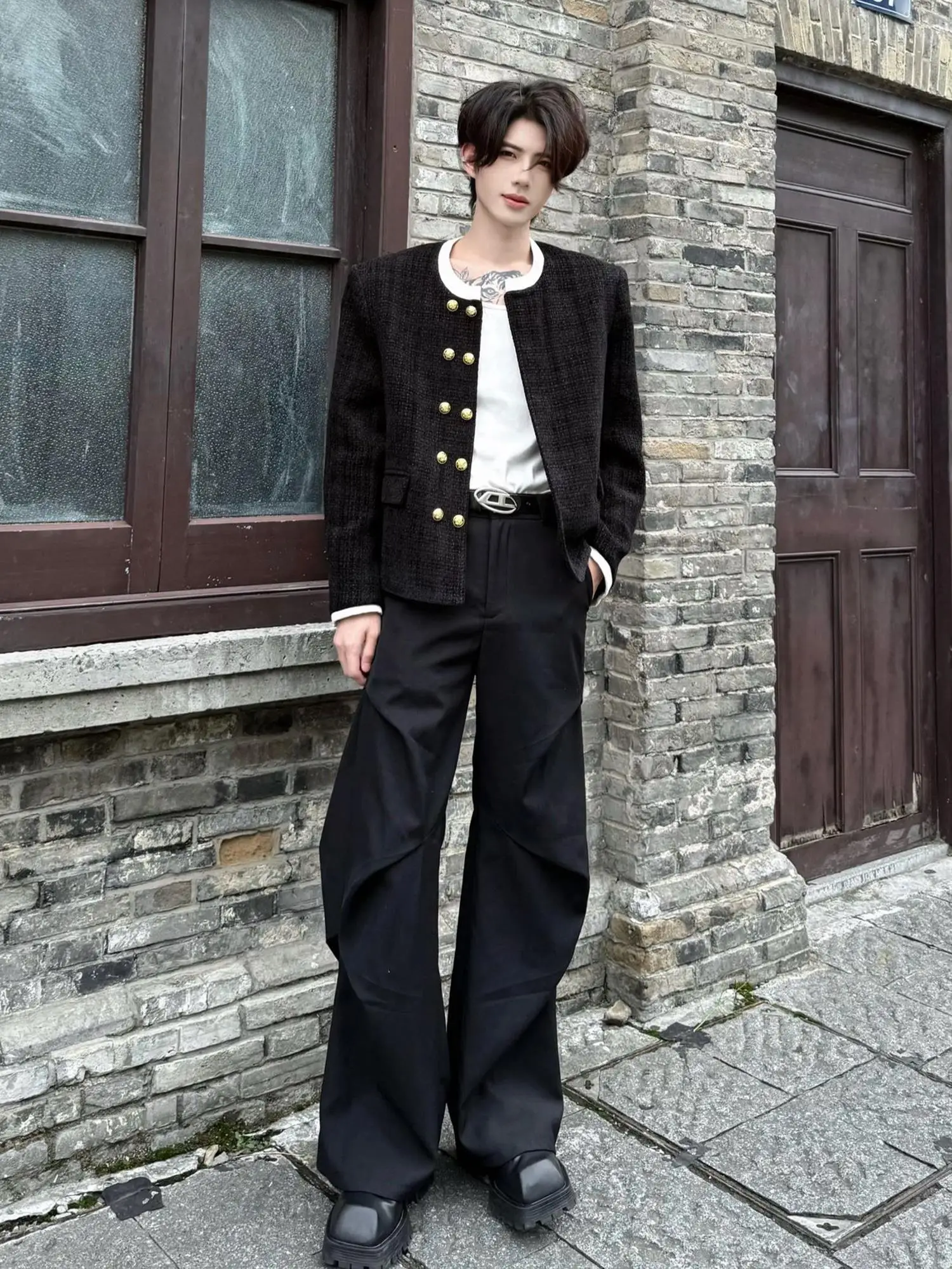 

New Chinese Sle Double-Row Button Collarl Jaet Men's Casual Faionable All-Match Leisure Top Coat Polyester Fabric