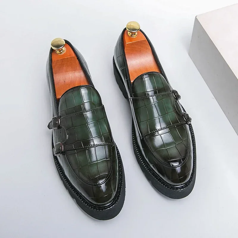 Street Fashion Men's Loafers Thick Sole Big Toe Shoes Trend Green Party Dress Shoes Men's Genuine Leather Casual Shoes