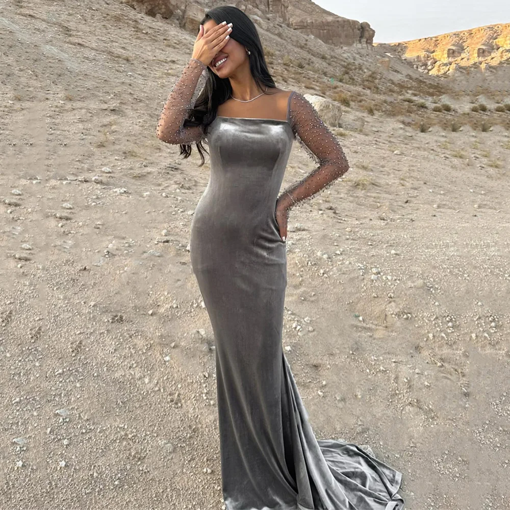 

Customized Square Neck Long Sleeve Illusion Prom Gown Mermaid Dress Backless Court Train Evening Dresses For Women فساتين سهرة ف