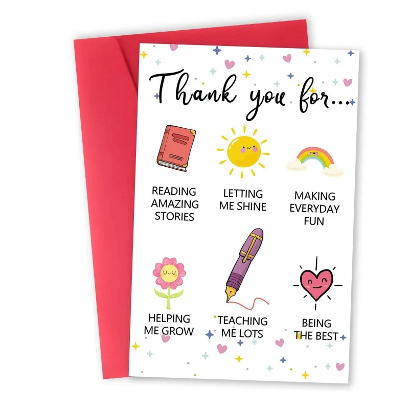 Cute Cartoon Teacher Thank‑You Greeting Card Colorful Illustrations Thank You Card with Red Envelope Teacher Appreciation Day Gift Card