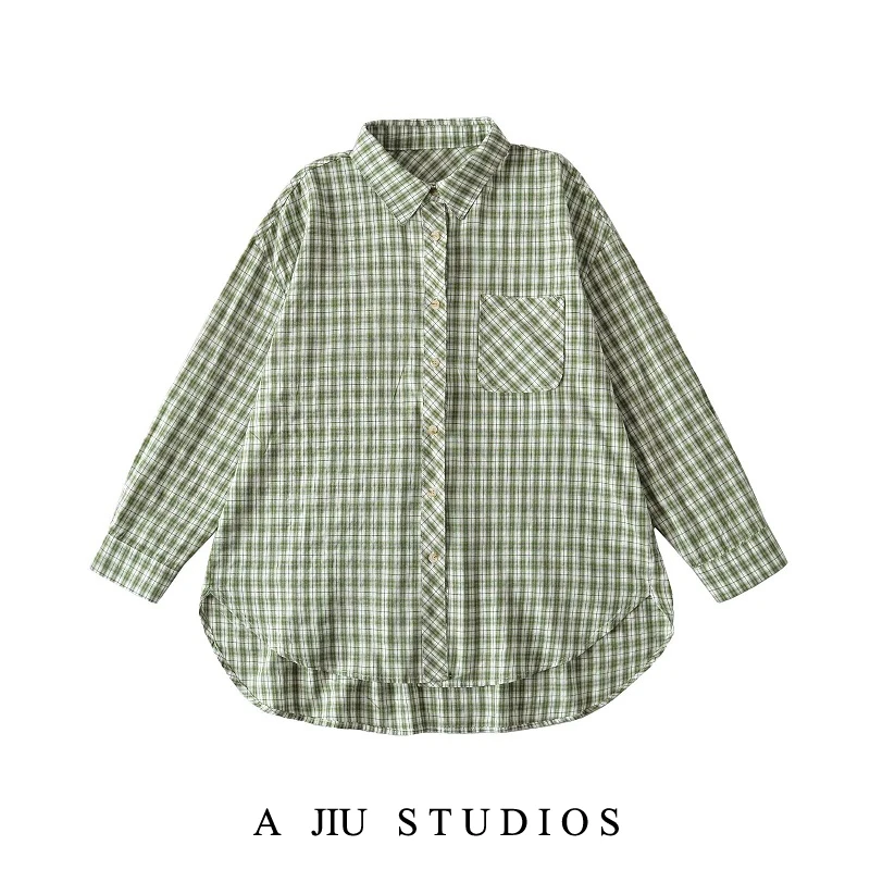 

Retro Korean Loose Plaid irt Women's Autumn Lazy Sle Casual Long Sve irt Coat Top Cotton Polyester Blend Slimming