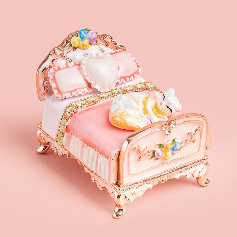 Handmade Enamel Colored Drawing Cat Bed Jewel Case Jewelry Storage Box Metal Handicraft Home Furnishing Articles