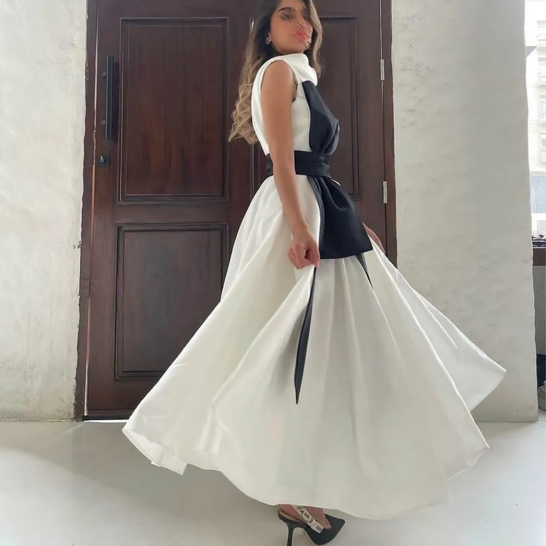 Vintage Short Satin Evening Dresses A-Line Puffy فساتين السهرة White Prom Dresses Robes de soirée Tea Length Party Dresses