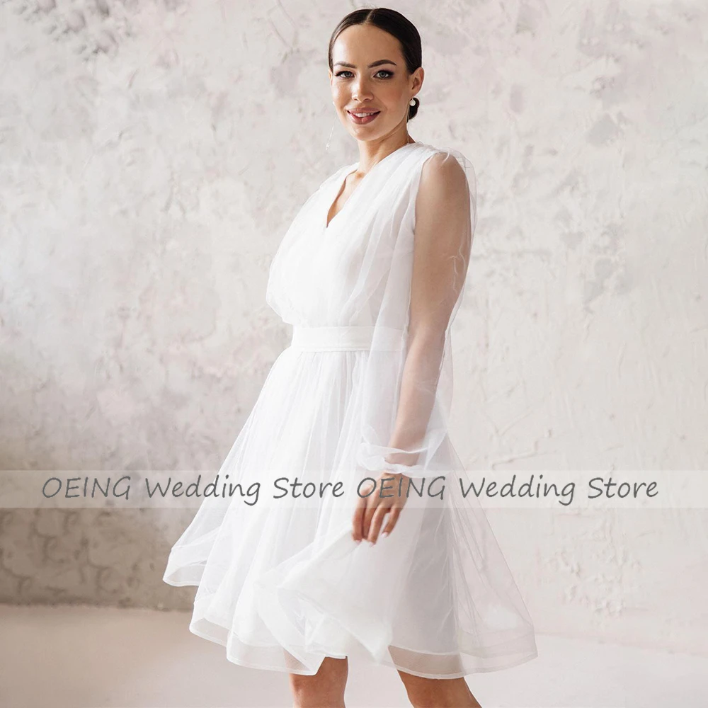 Robe de Mariée Courte à Manches sulfet Col en V pour Femme, Tenue de Mariage Simple, Longueur aux Genoux, avec Ceinture en Tulle Blanc, 2023