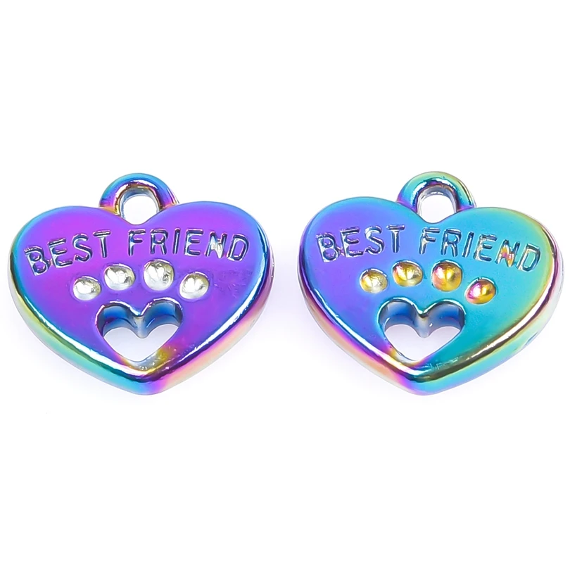 10pcs/Lot Fashion Best Friends English Words Charms Heart Hollow Love Paw Print Rainbow Color Pendnat For Friend Gifts Jewelry