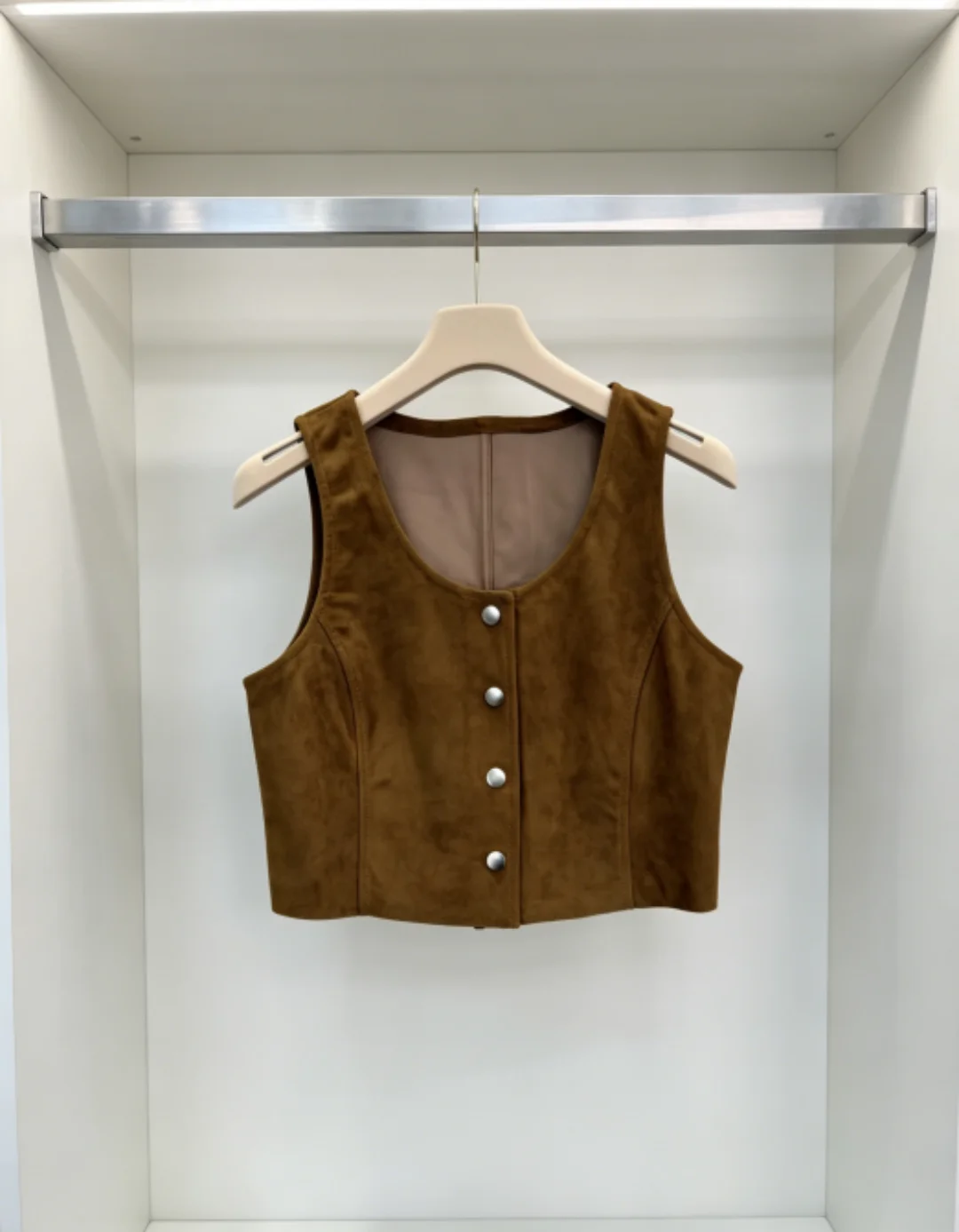 

Summer Women's High Quality Casual Buttons Fashion Letters Leather Suede Pullover top 100% Sheepskin Tank Top