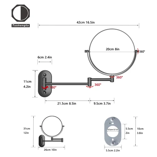 Imagen 2 del producto TUSHENGTU Espejo de maquillaje montado en la pared, giratorio 360, negro, 8 pulgadas, aumento de 10x, espejo de baño de tocador de doble cara, afeitado