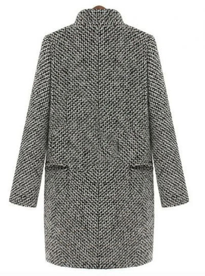 S-4XL Woman Winter Coats New Fashion Casual Long Sleeve Houndstooth Patchwork V-Neck Single Button Gray Autumn Outerwear Coat