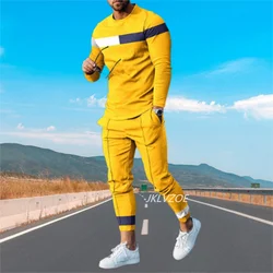 Ropa de calle con estampado 3D para hombre, camiseta de manga larga + Pantalones, chándal informal, traje de 2 piezas, color amarillo, otoño