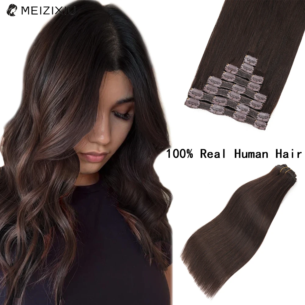 8Pcs Chocolate Brown Clip In Hair Extensions Straight Remy Lace Clip In Human Extensions Hair For Women Clip-on Hair 12-18 Inch