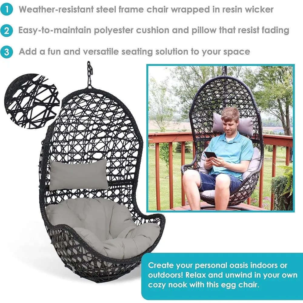 Resin Wicker Hanging Chair with Cushion, Up to 265 lbs Capacity