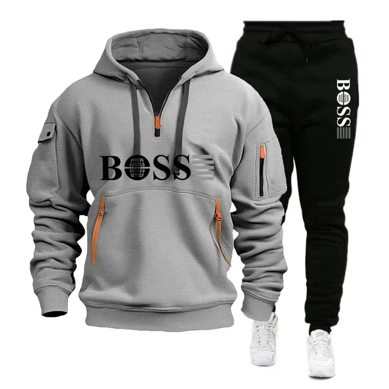Conjunto de 2 Piezas de Sudadera con Capucha y Pantalones para Hombre, Otoño e Invierno, Ropa Deportiva para Hombre, Cierre de Cremallera, Resistente al Viento, para Correr al Aire Libre