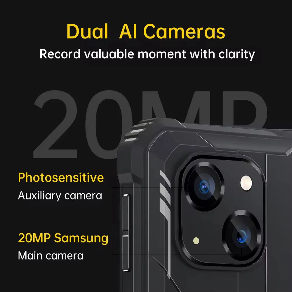 OUKITE WP32 견고한 기계 스마트폰, 글로벌 버전, 5.93 인치 HD, 안드로이드 13, 4GB, 128GB, 20MP 듀얼 카메라 휴대폰, 6300mAh