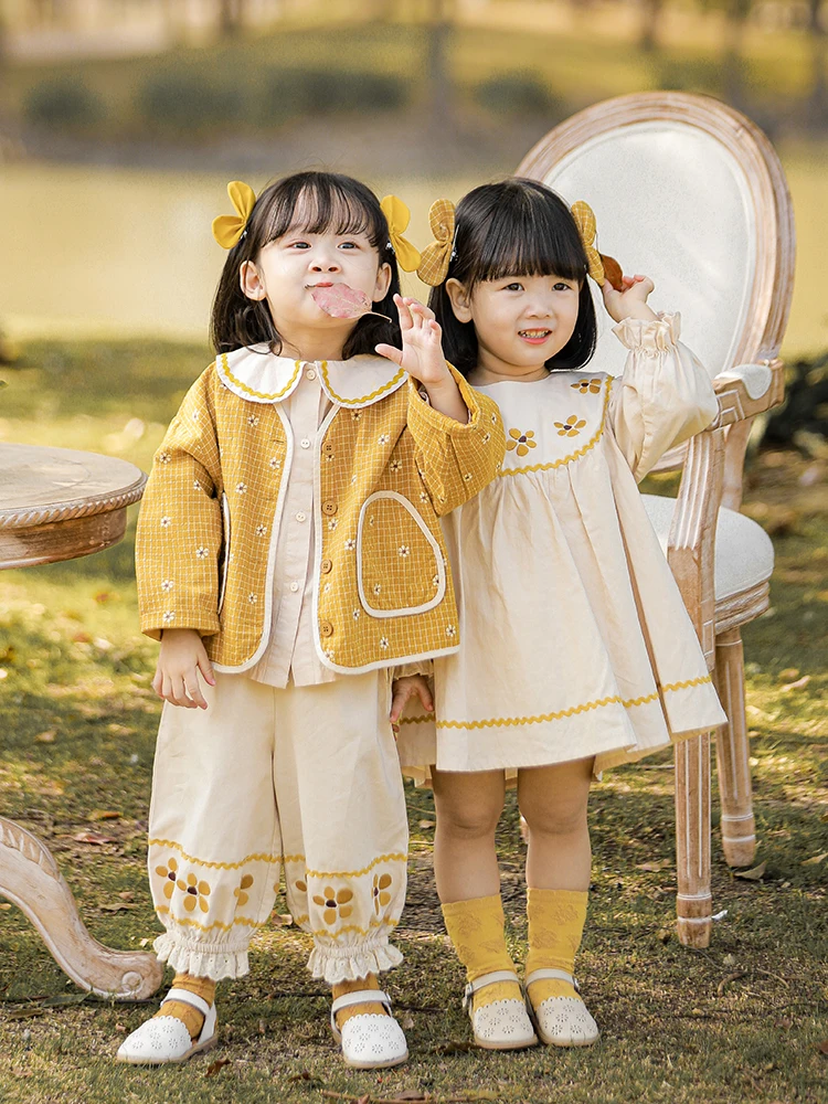 Girls\' Sweet Floral Jacquard Spring Coat Baby Children Lapel Shirt Exquisite Embroidered Dress