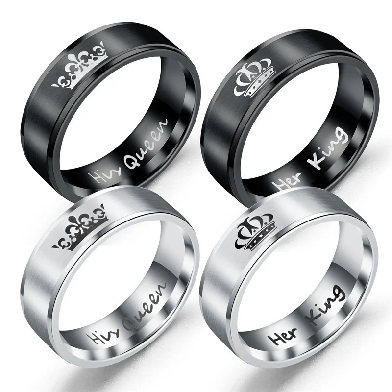 1 Piece 4 Styles Fashion Crown Ring Her King His Queen Couple Ring Black Color Stainless Steel Finger Rings for Men and Women