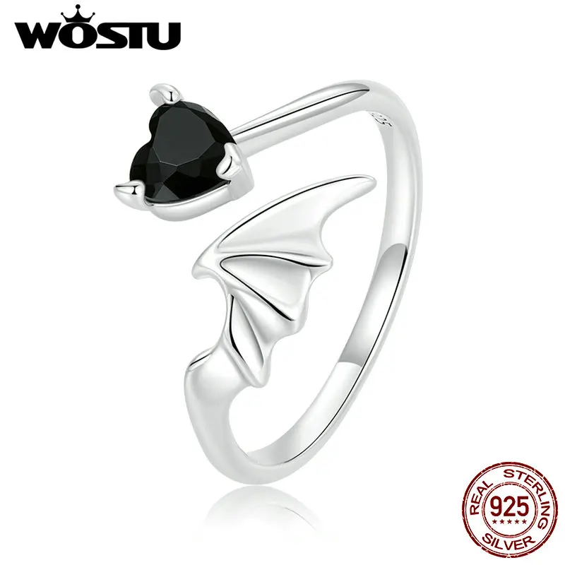 WOSTU 100% 925 Sterling Silver Retro Devil Wing Open Ring For Women Exquisite Black Heart Zircon Ring Fine Anniversary Jewelry