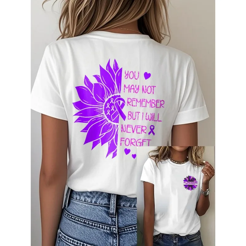 New Arrival Women's Fight Alzheimer's Awareness Print T-Shirts Summer Round Neck Casual Tops Tees