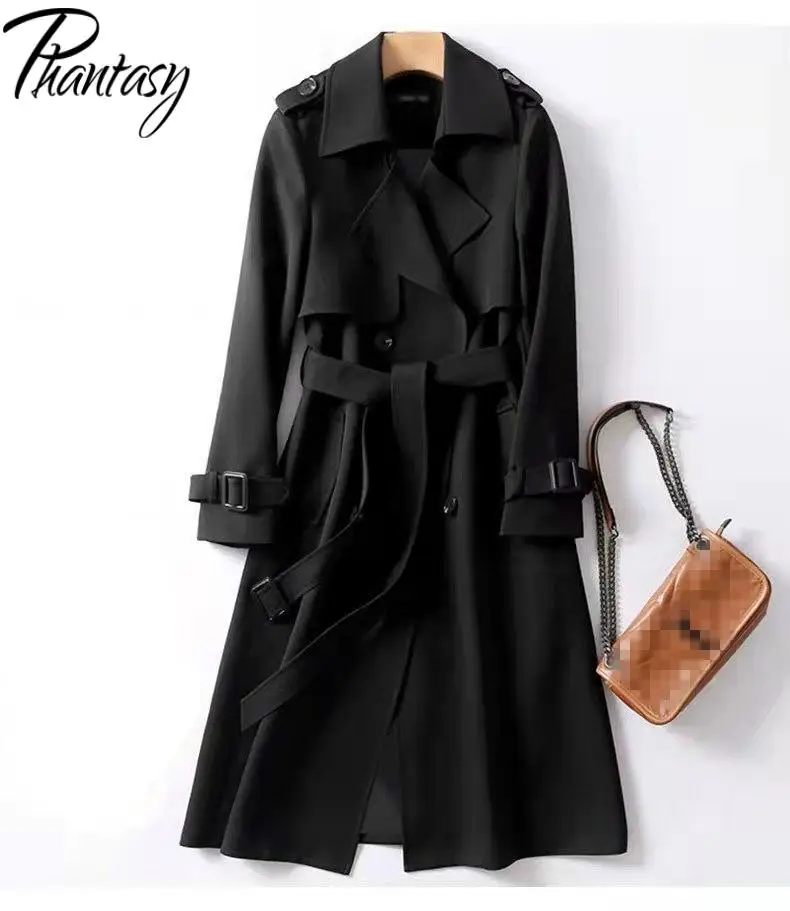 Phantasy Women Trench Long Sleeved Thin Coat British Style Long Jacket Lace Up Elegant Office Lady Trench Spring Autumn Outfit