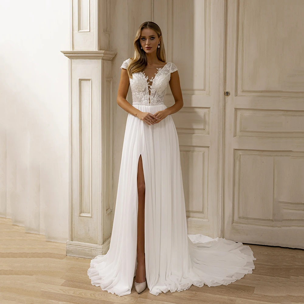

Lace Applique A Line Wedding Dresses 2025 Boho Cap Sleeve Deep V Bridal Gown For WomenBackless Side Slit Bride Dress Customized