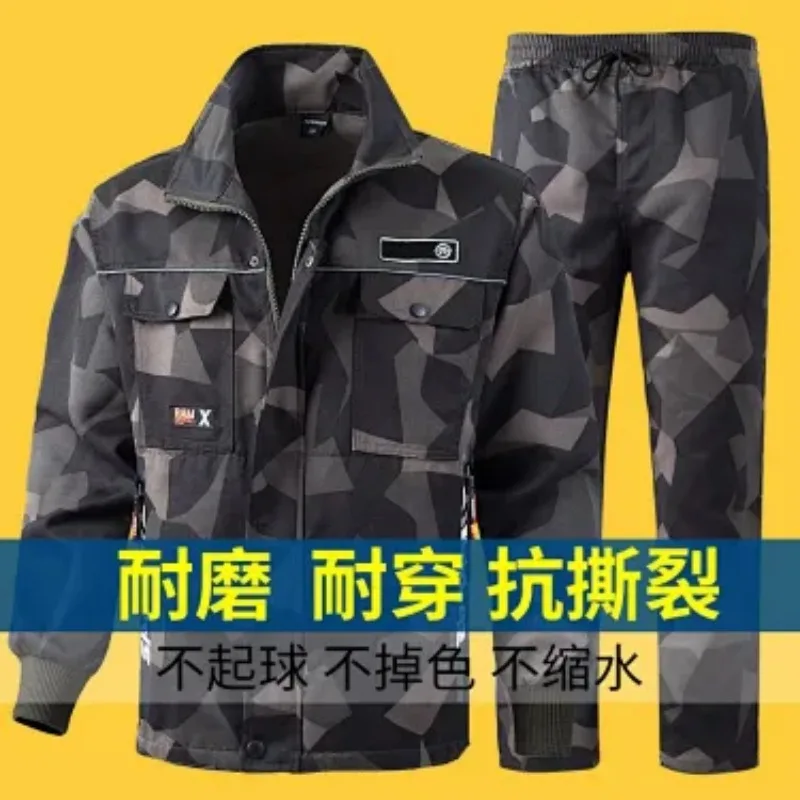 Men Camo Work Jacket Multi Pockets Wear-resistant Labor Coat For Construction Mechanic Welding
