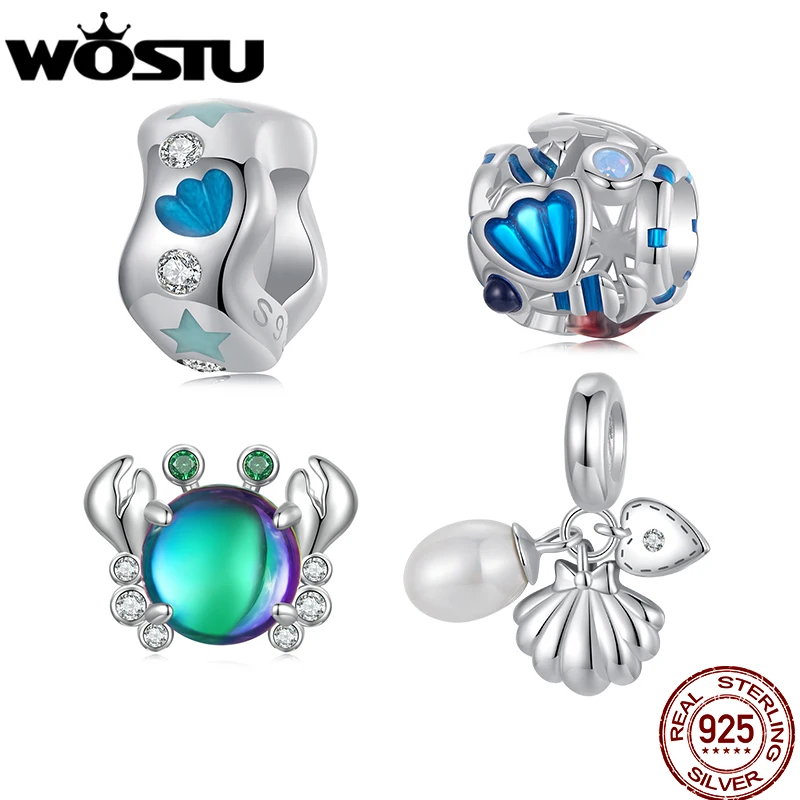 WOSTU Echter 925er Sterlingsilber-Ozean-Seestern und Muschelstopper, Perlen-Anhänger, blauer Krabben-Charm, passend für Armband, DIY-Urlaubsgeschenk