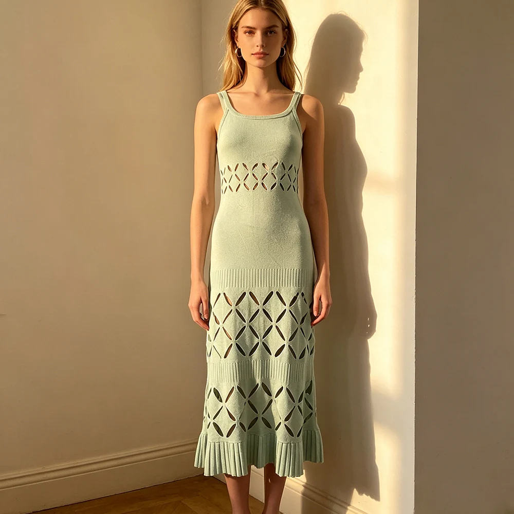 2026 Neues Sommer-Design: Hochwertiges, ärmelloses Strickkleid mit Hohlmuster und Spaghettiträgern – Großhandel für den grenzüberschreitenden Verkauf