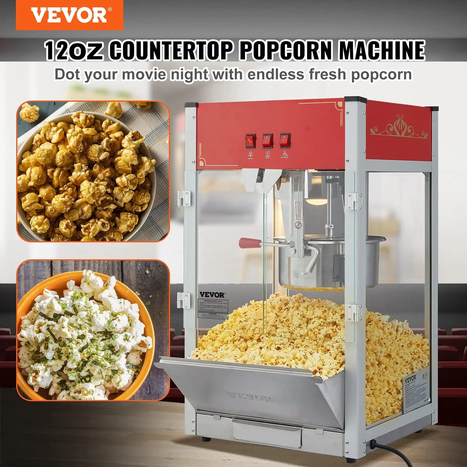 Commercial Popcorn Machine, 12 Oz Kettle, 1440 W Countertop Popcorn Maker for 80 Cups per Batch, Theater Style Popper with 3-Swi
