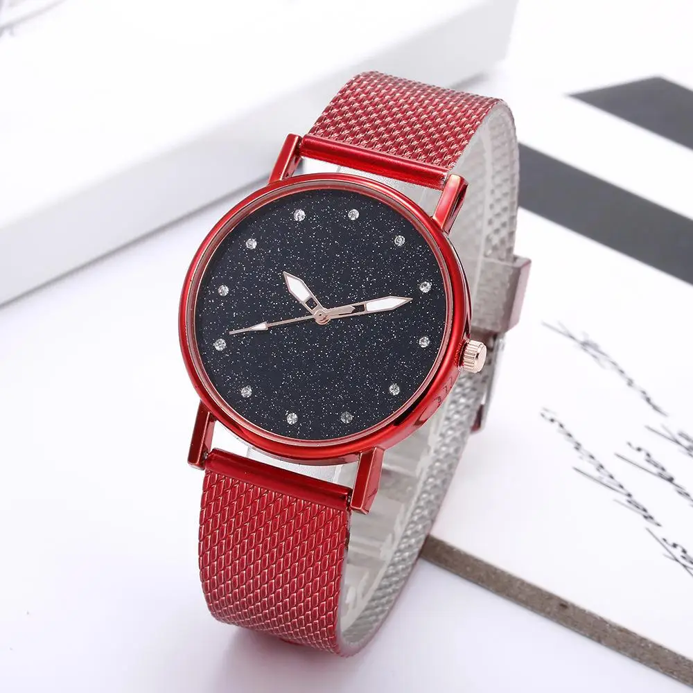 Neue Mode Mode Damen uhren Netz rot voller Sterne Mesh Band Uhren Damen uhren