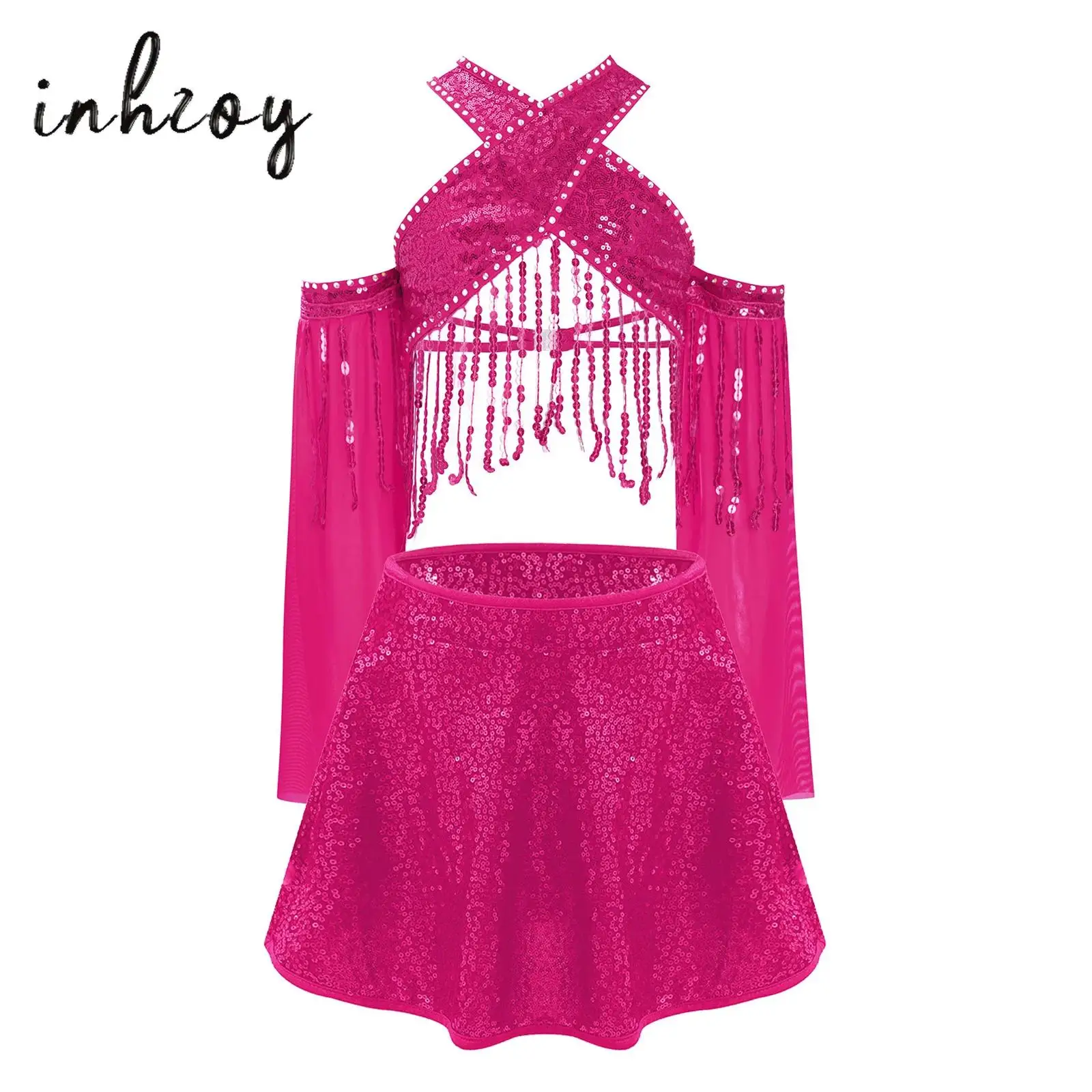 

Kids Girls Jazz Latin Dance Outfit Sheer Mesh Flared Sleeves Sparkling Sequins Tassels Crop Top+Skirts Stage Performance Costume