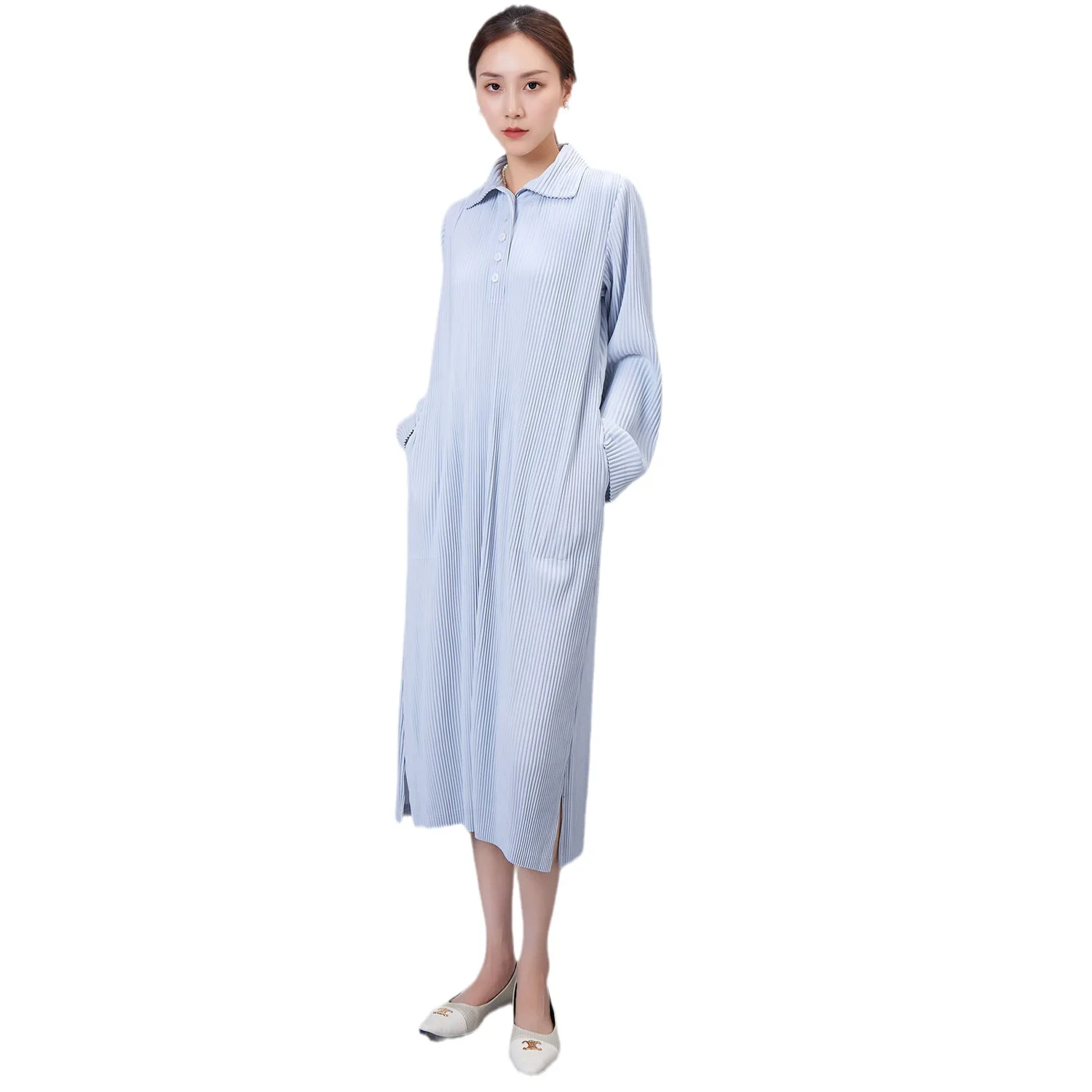 Miyake Pleated Spring and Autumn Season Long Dress for Women's Loose and Simple Casual Style Design Sense Shirt Skirt