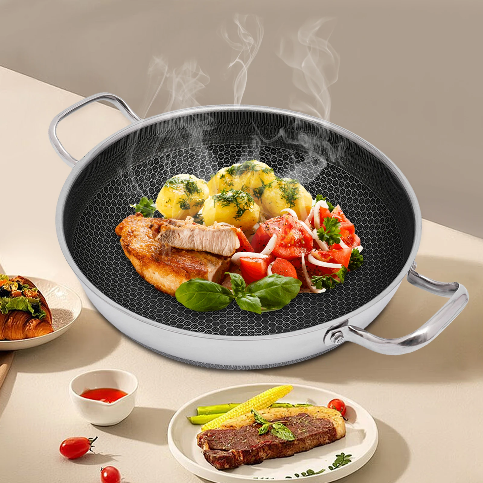 

Non-Stick Stainless Steel Pan With Cooking Lid, 12.6inch Frying Pan for Induction Ceramic and Electric Stovetop