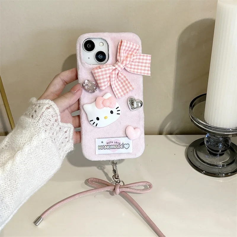 Cute Hello Kitty Plush Bow embroidery Kawaii Phone Case For Iphone 16 15 14 13 Promax Y2k Sweet Girl Phone Protective Cover