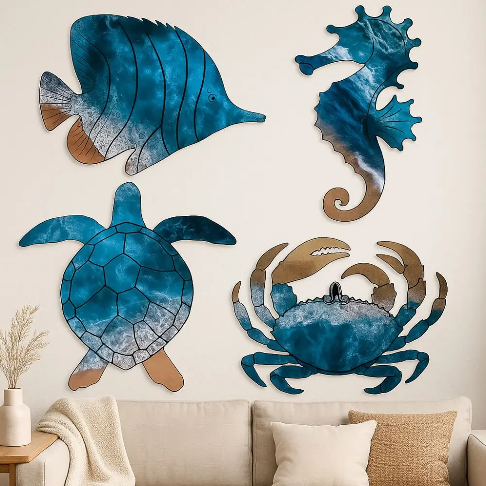

4pcs Mediterranean Style Summer Ocean Wall Decoration Seahorse Crab Turtle Sea Fish Wooden Sea Hanging Ornaments Nautical Theme