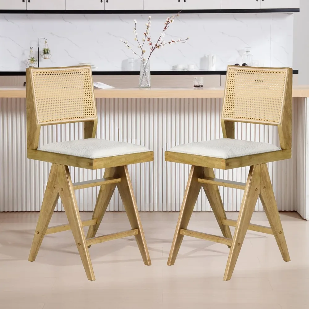 

Rattan Counter Stools Set of 2, 25.5 Inches Uphlostered Boucle Counter Height Bar Stools with Black Wood Legs Rattan Backs Islan