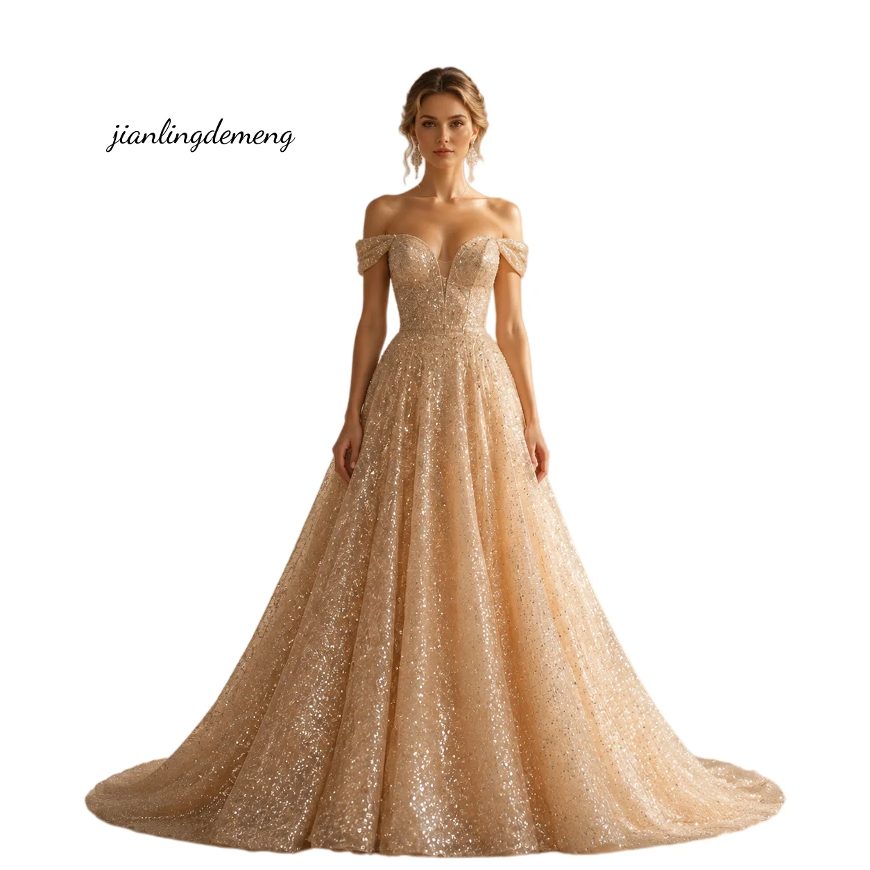 Royal Luxury Champagne Gold Wedding Gown Floor Off Shoulder Bridal Gala Sparkly Sequin Tulle Women Prom Evening Customized