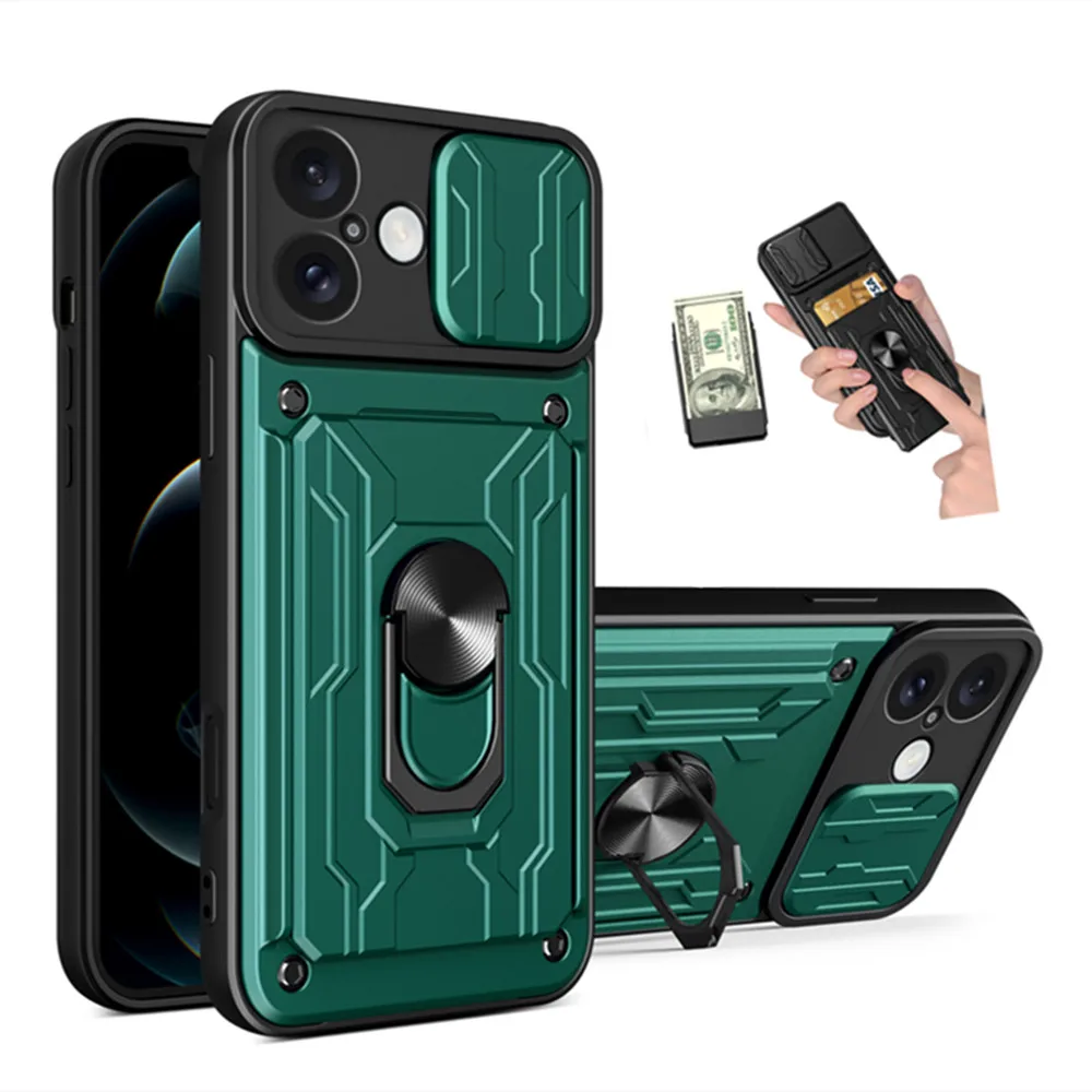 For iPhone 11 12 13 14 15 16 Pro Max 14 15 16 Plus Camera Lens Protective Magnetic Car Ring Stand Push Pull Card Bag TPU Cases