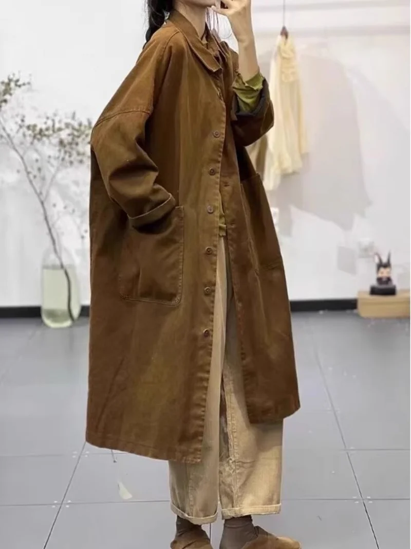 เสื้อโค้ทกันลมทรงยาวสไตล์ลำลองสำหรับผู้หญิง รุ่น w694 สีพื้นเรียบง่าย หลากหลายสไตล์ แบบเรโทร ศิลปะ ฤดูใบไม้ร่วง ปี 2025