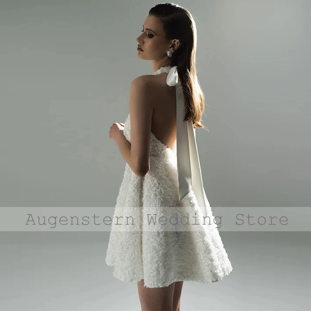 Sweetly Wedding Dresses for Parties Satin A-line Wedding Party Dresses White Halter Ruched Bow Backless Contemporary Bridal Gown