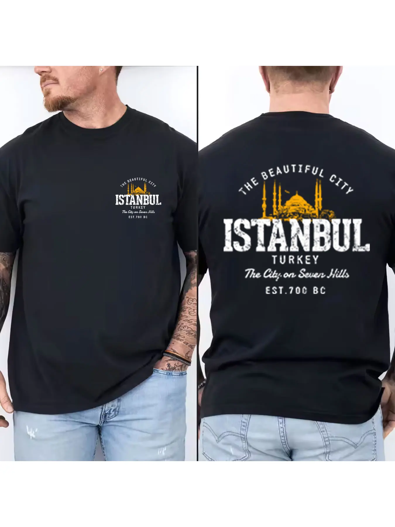 Men's 100% Cotton Short Sleeve T-Shirt, Vintage Yellow Istanbul Blue Mosque Print, Casual Crew Neck Tees, Breathable Soft Tops