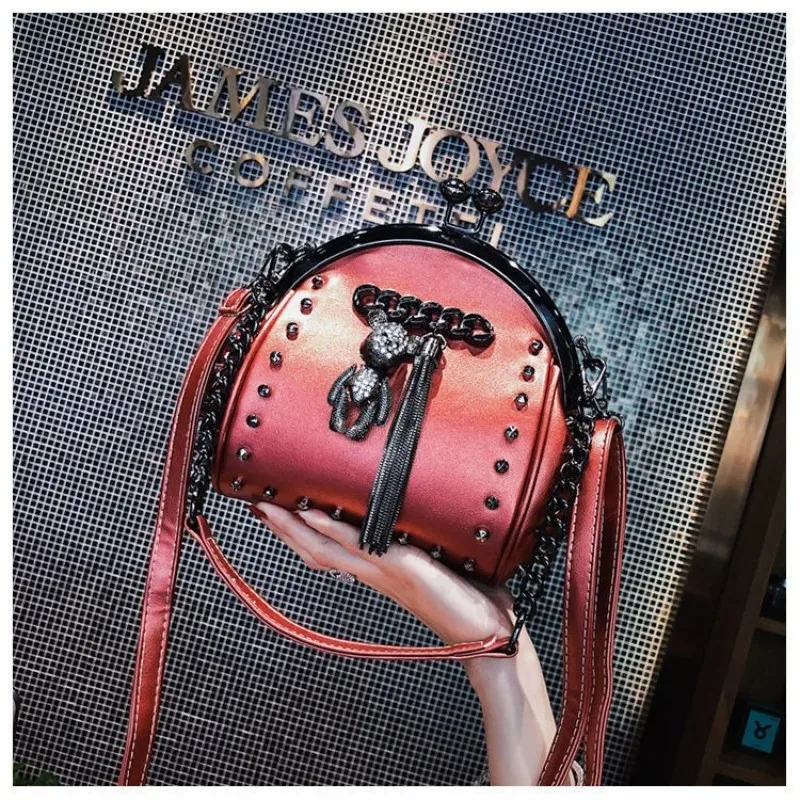 Rivet Metal Fringe Diamond Women Shoulder Bag Trend Stylish Chic Cartoon Pendant Crossbody Bag PU Leather Chain Female Handbag